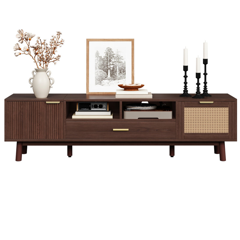Meuble télé de 60 à 69 po, fonction de fermeture silencieuse, conception de tiroir, couche de bois massif, rangement multifonctionnel de 75 po, tiroirs, pieds, pour la décoration de la chambre à coucher