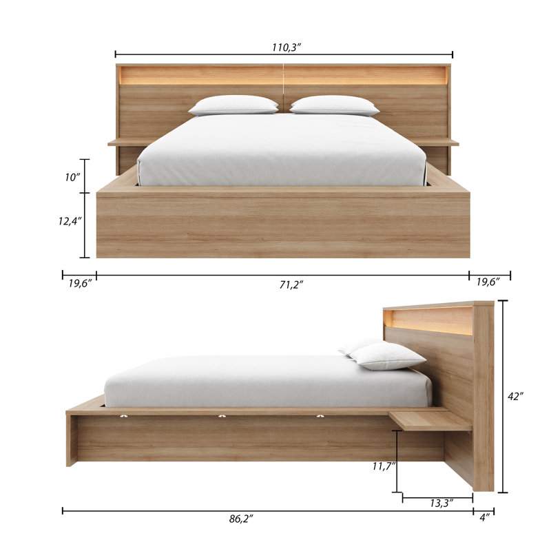 Luna Queen Size Bedframe with Wide Headboard with Dimmable Lighting, Brown