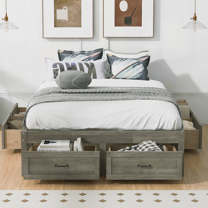 Lit plateforme moderne avec 6 tiroirs de rangement, Gris antique, Complète