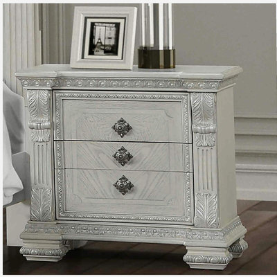 Traditional Style 1pc Nightstand Ornate Molding Ball Bearing Glides USB Port Silver Detailed Wire Brushed White Finish Bedroom Furniture