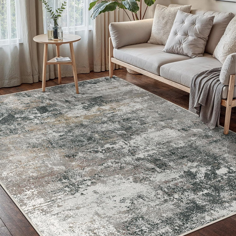 Modern Abstract Machine Washable Non-Slip Black Grey Indoor Area Rug, Black Gray, Rectangle 8' x 10'