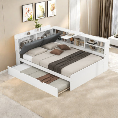 Daybed With Trundle, Storage Shelves, Upholstery Headboard And Rotatable Storage Board