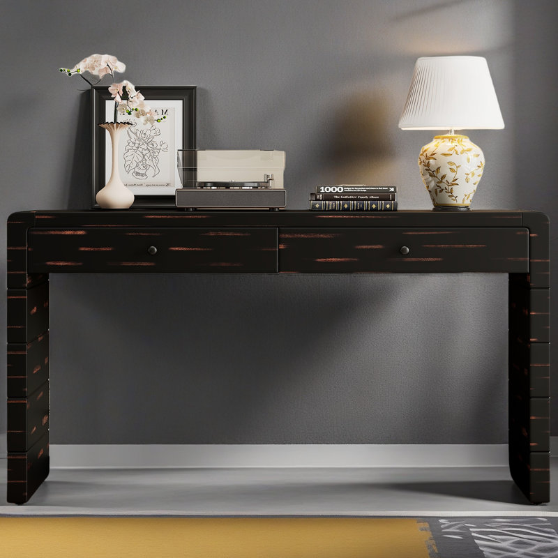 Console incurvée avec rangement, table d'entrée en bois avec 2 tiroirs, consoles rustiques de ferme pour le vestibule, le couloir et le salon