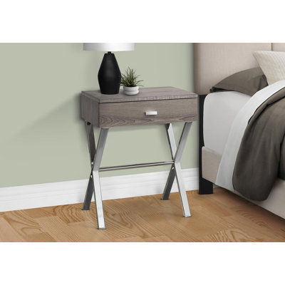 Table d'appoint, côté, bout, table de chevet, lampe, tiroir de rangement, salon, chambre à coucher, stratifié brun, métal chromé, contemporain, moderne