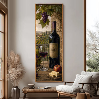 Très grand vignoble rétro, nature morte avec bouteille de vin rouge, raisins, verre et vue sur campagne, art mural