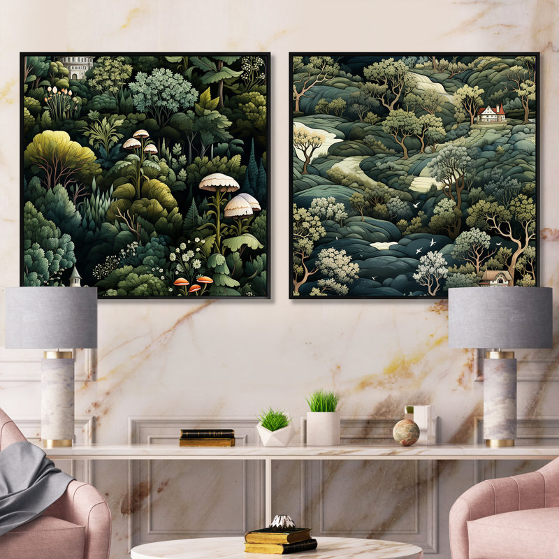 Camron - ensemble de 2 collages carrés forêt, Cadre flottant noir, H 16 po x l 33 po