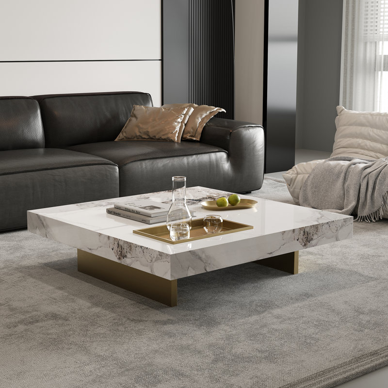 42“ Square Coffee Table with Glossy Sintered Stone Table-top, Modern Coffee table with Stainless steel legs for Living Room