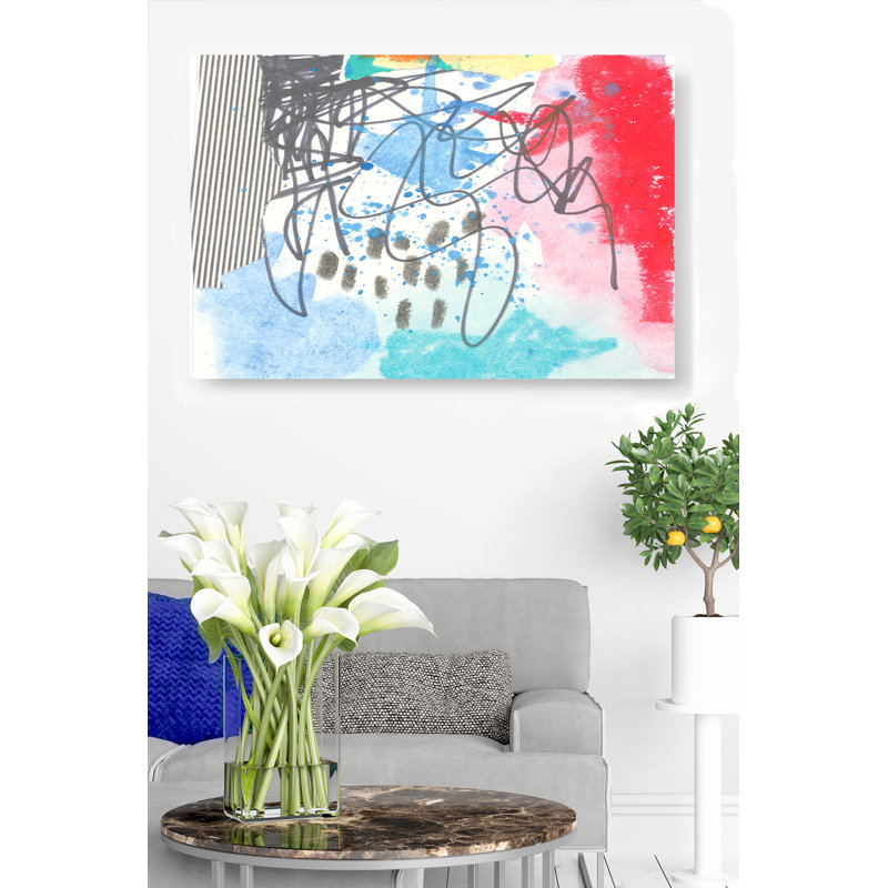Collage abstrait, pois, rayures, gribouillis, rouge, orange, bleu, jaune, rose, noir, bleu sarcelle, cyan