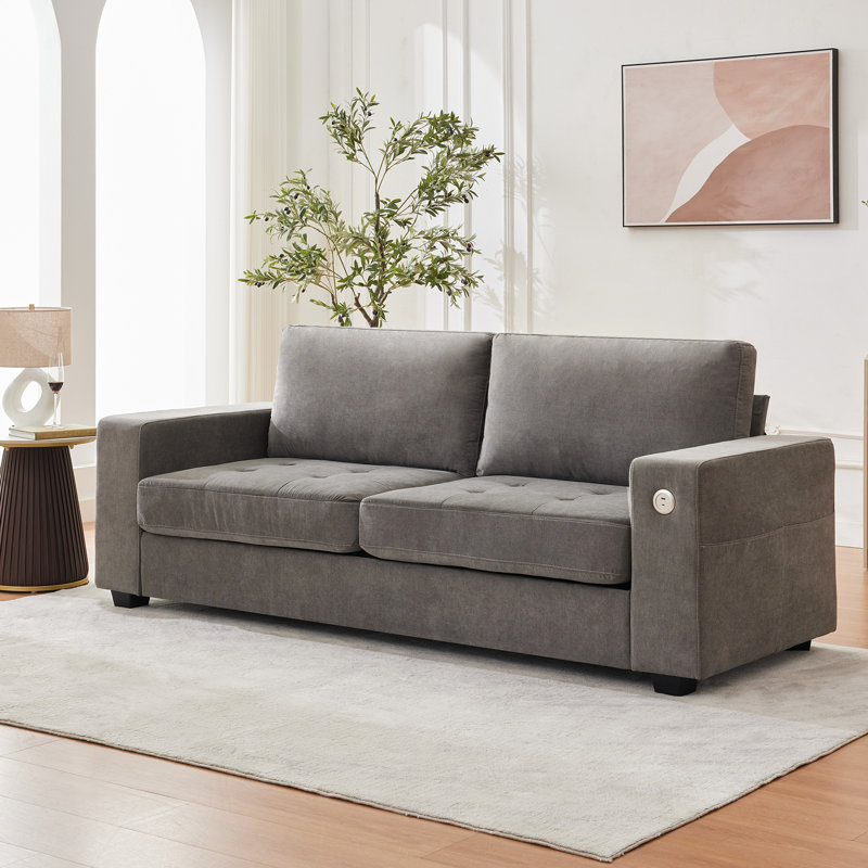 Multifunctional L-Shaped Sofa Bed with USB & Type-C Charging Ports, Convertible Sectional Sofa with Storage Pockets & Removable Cushion Covers, Wood Frame for Living Room & Small Spaces (