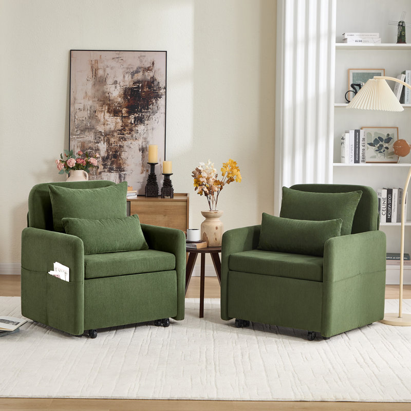  87'W 3-In-1 Convertible Chair Linen Sleeper with Adjustable Backrest and Storage Bag Set Of 2, Green Corduroy