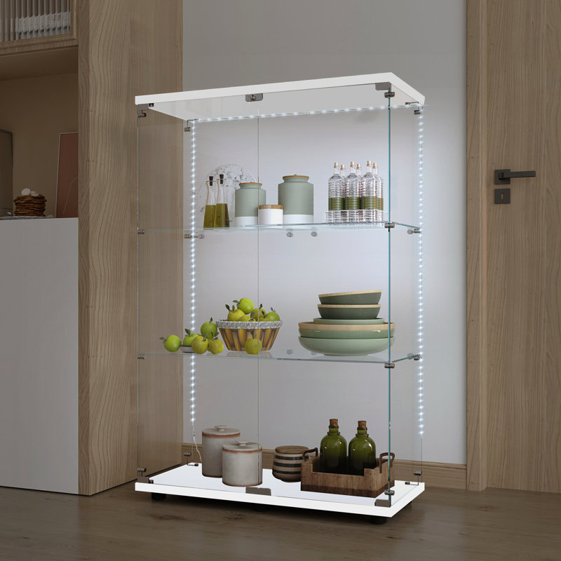 Vitrine en verre trempé, armoire à vin, armoire de rangement, classeur, avec bande lumineuse à DEL Bluetooth, pieds de plancher réglables, adapté aux sols inégaux
