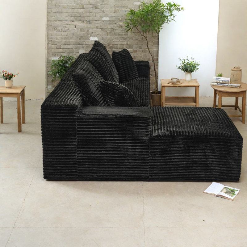 Canapés modulaires à compression, canapé en L en velours noir de 107 pouces pour la maison, Noir 1