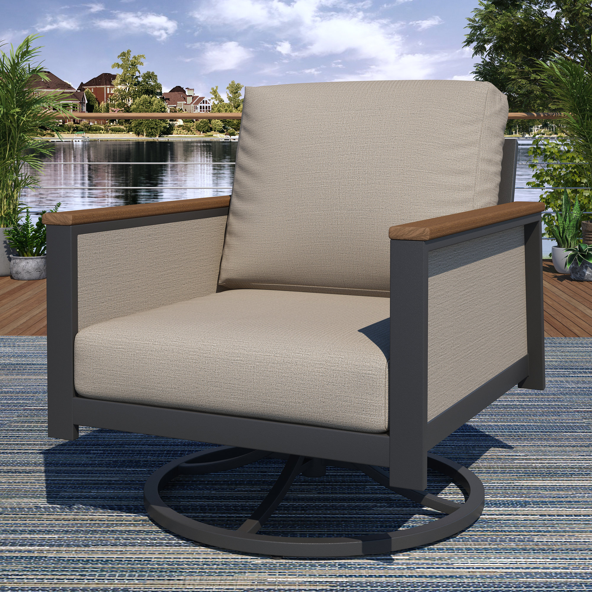 Townsend Metal Outdoor Swivel Rocking Chair with Sunbrella Cushion, Cast Silver, Dark Gray/Brown