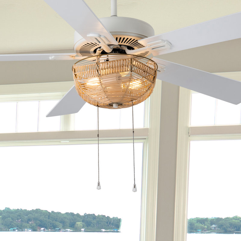 Jayceon 52"W Bohemian Rattan Caged Lighted White Ceiling Fan
