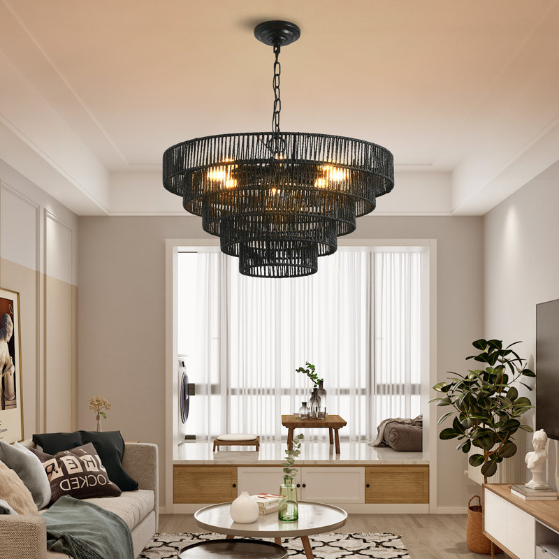 Luminaire suspendu moderne en corde de chanvre, style bohème, Noir mat, 8 lumières