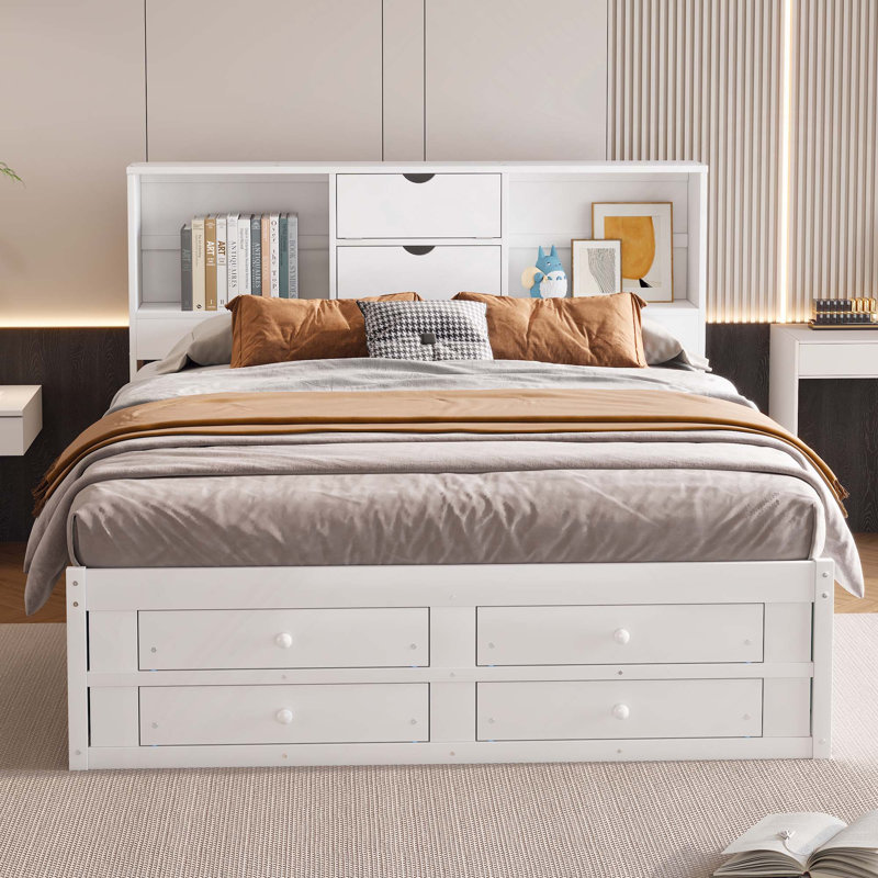 Lit plateforme avec tête de lit avec rangement et 8 tiroirs, White, King
