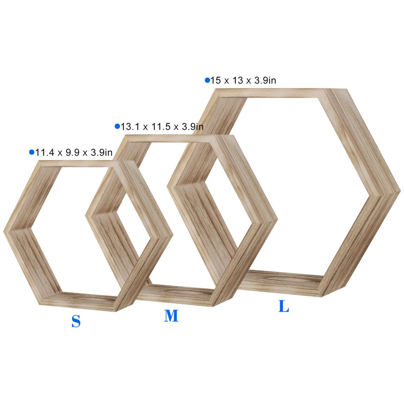 3 Piece Hexagon Solid Wood Floating Shelf, Natural Wood