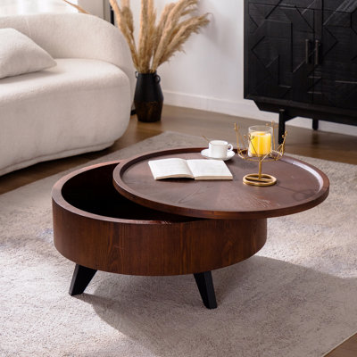 Table basse ronde en bois de 30,71 po avec rangement caché en MDF et style Mid-Century moderne avec pieds noirs pour le salon / appartement