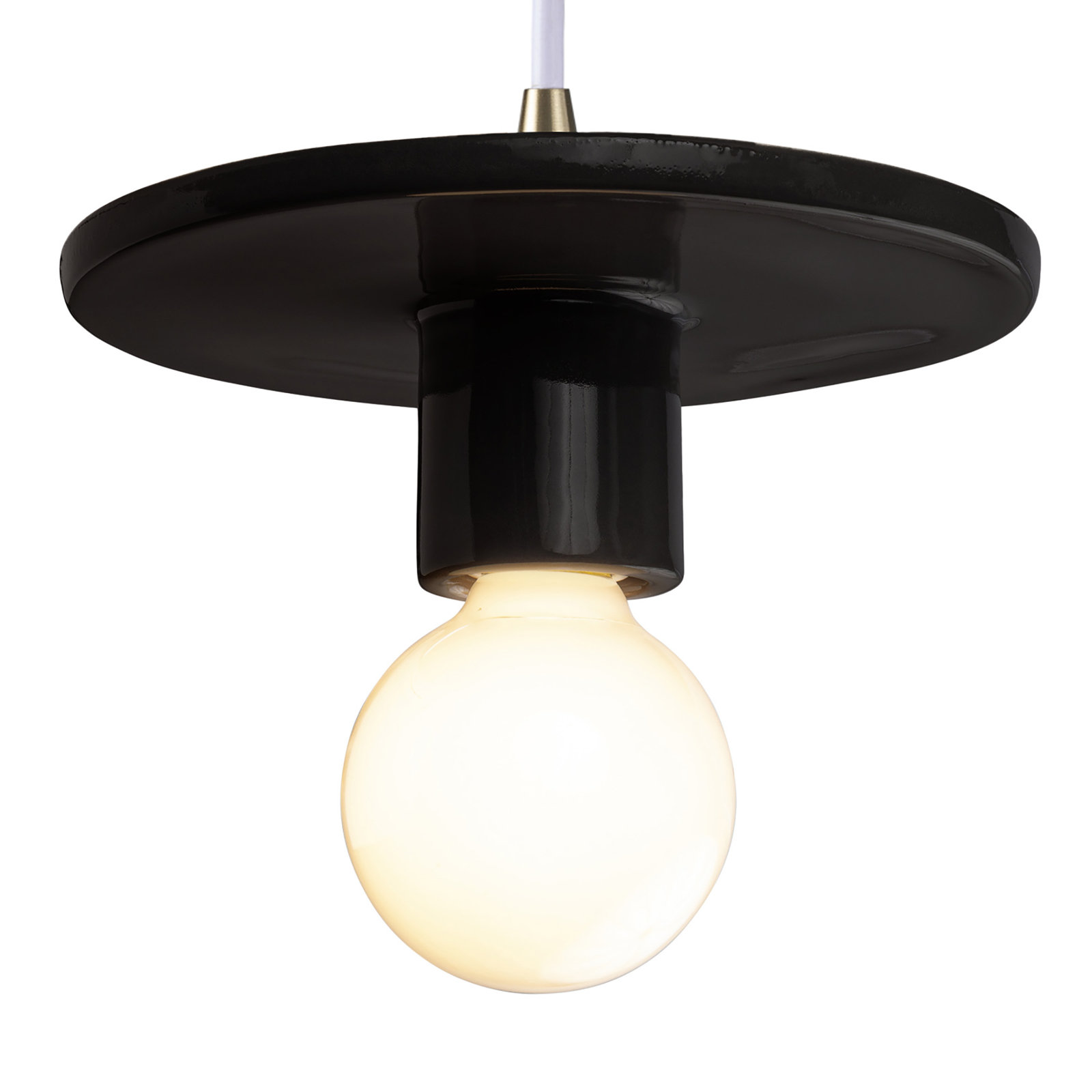 Leni Single Light Ceramic Dimmable Pendant, Gloss Black, Antique Brass