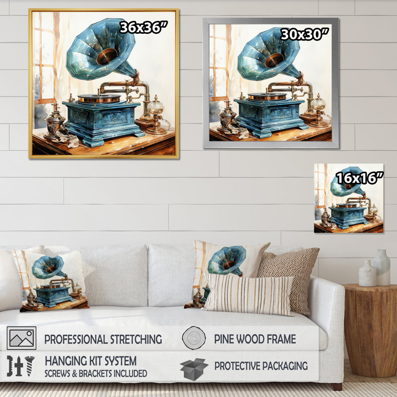 «Beyerville Blue Phonographs Nostalgic Tunes», reproduction, Cadre flottant noir, H 16 po x l 16 po