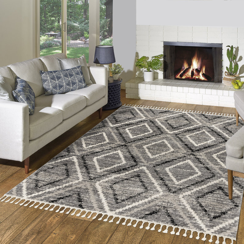  Rafe Hurley Geometric Diamond Grey/ Black/ Ivory Polyester Microfiber Plush Area Rug, Rectangle 5'3" x 7'