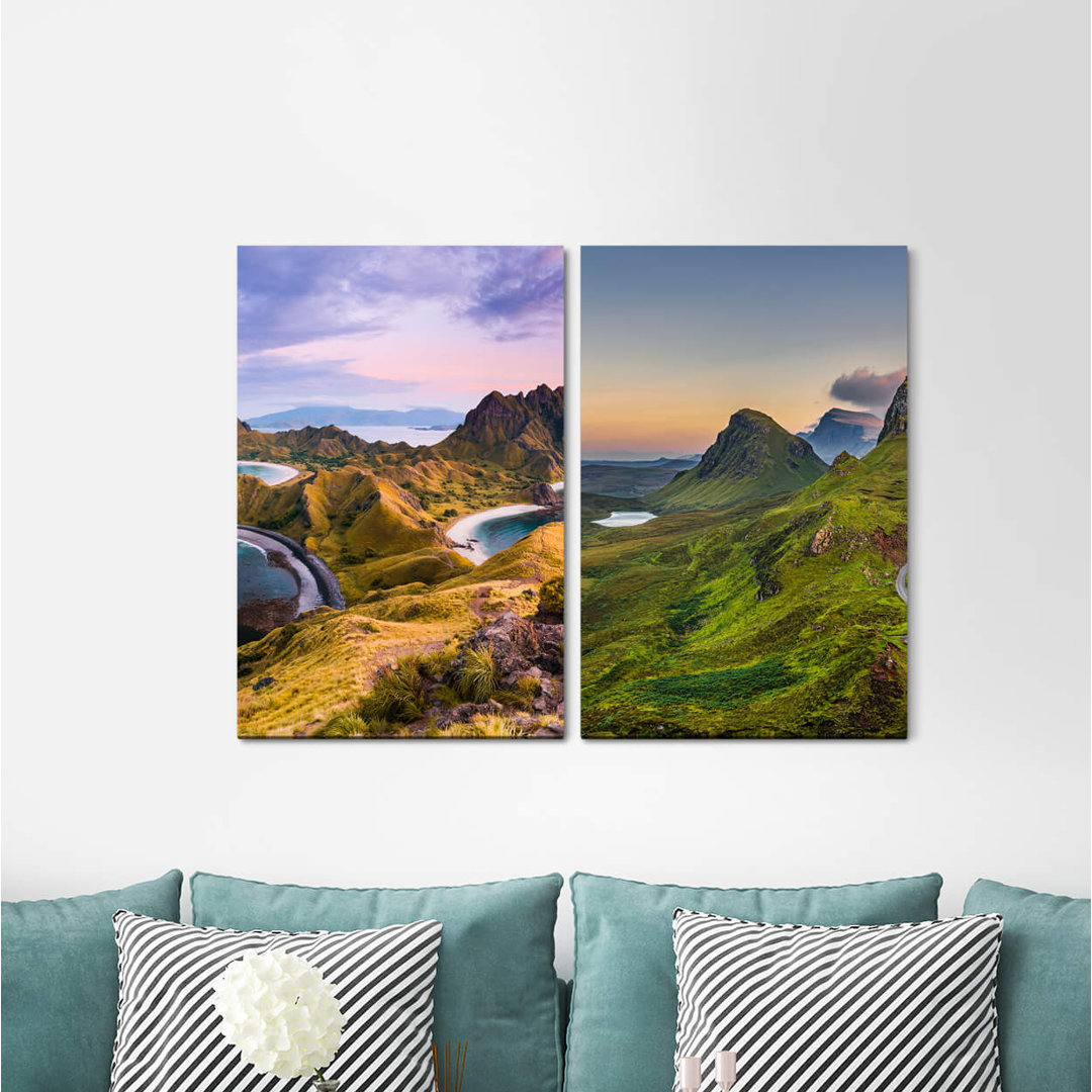 2-tlg. Leinwandbilder-Set - Fotografie "Berggipfel Himalaya Mountain Lake Pink Clouds Snow Nature"