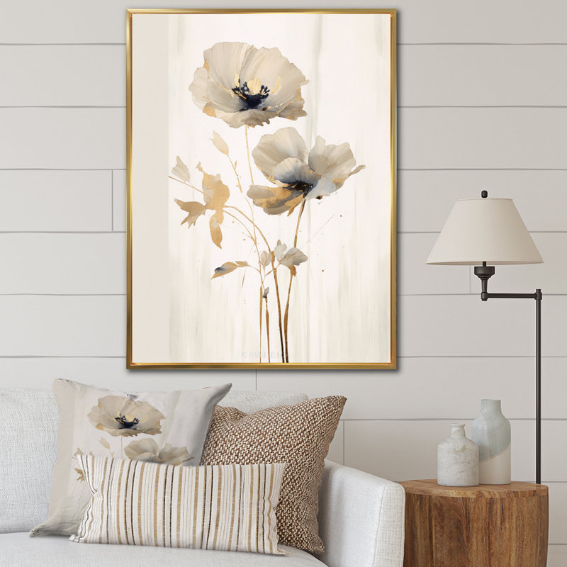 «Cream Vibrant Poppies I», reproduction sur toile, Cadre flottant doré, H 32 po x l 24 po x P 1 po
