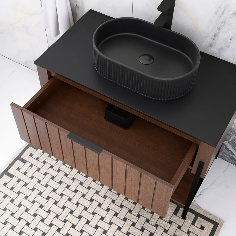 35,83 po W Meuble-lavabo autoportant en noyer foncé avec céramique noire