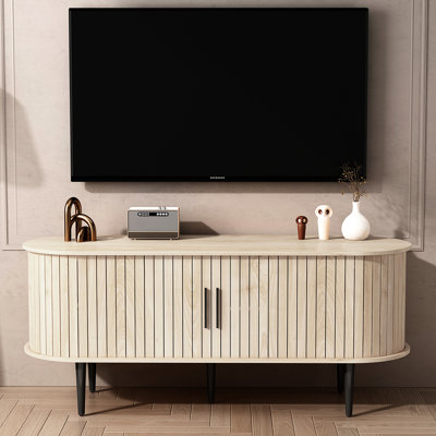 Meuble télé moderne de 47 pouces avec rangement et porte coulissante, centre de divertissement pour jeux vidéo, couleur bois naturel, 5 pieds en bois pour un soutien optimal