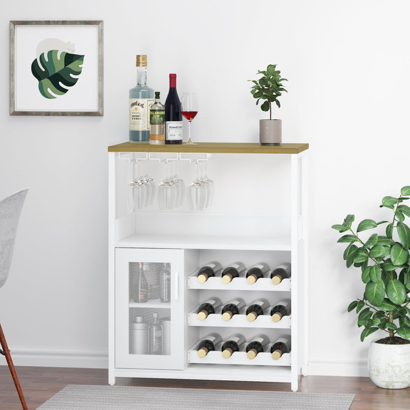 Coffee Wine Bar Cabinet With Storage And Detachable Rack, Farmhouse Sideboard And Buffet Cabinet With Glass Holder And Mesh Door, Liquor Coffee Bar Cupboard