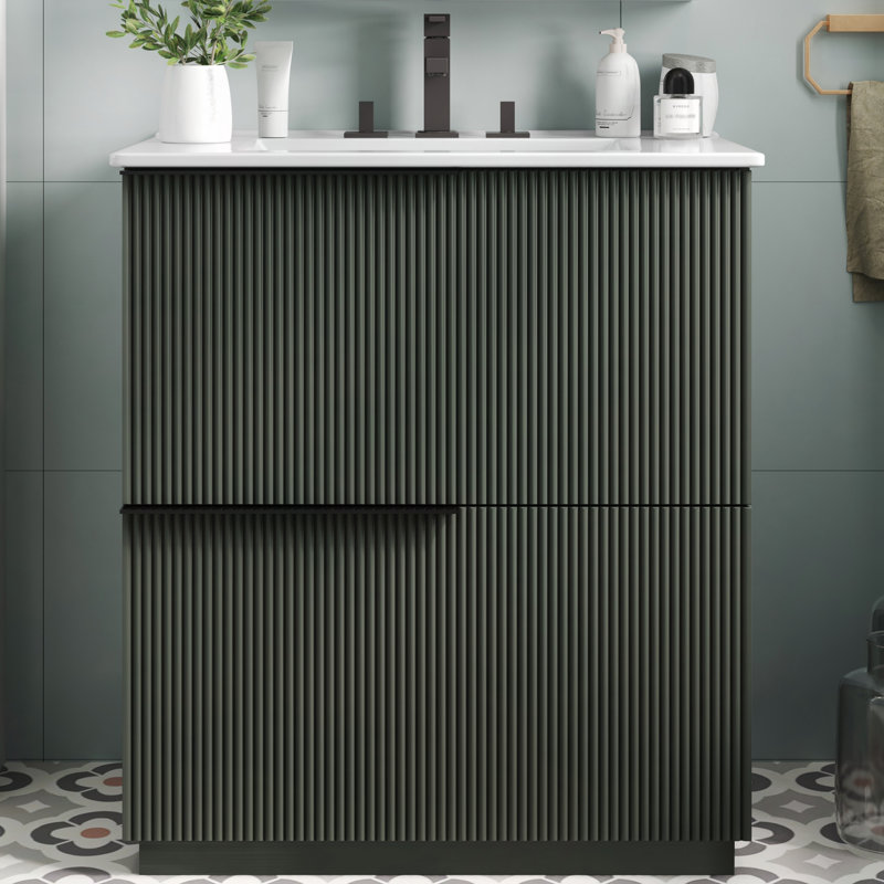 Meuble-lavabo de 76 cm (30 po) avec lavabo en céramique et tiroirs encastrés à fermeture amortie et extension complète, panneau cannelé, fini noir