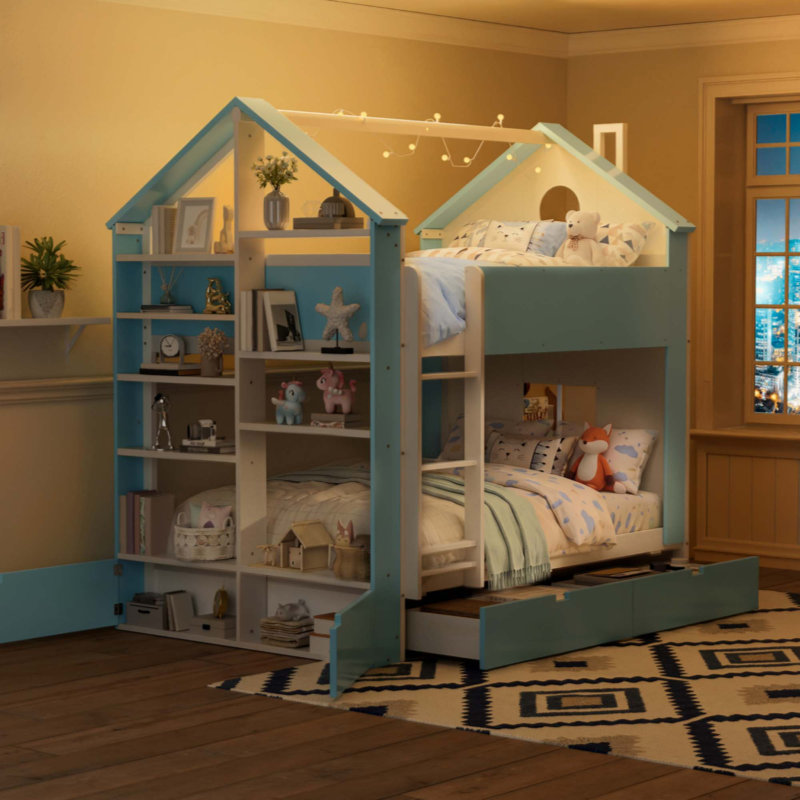 Lit superposé avec tiroirs et tablettes de rangement, lit superposé moderne en bois à deux tons avec bande lumineuse, mobilier de chambre peu encombrant