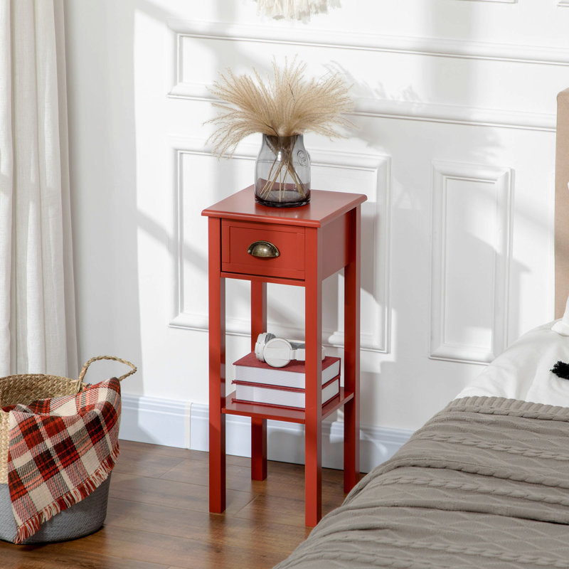 Table d'appoint à 2 niveaux avec tiroir et tablette de rangement, table d'appoint moderne, Rouge, 1