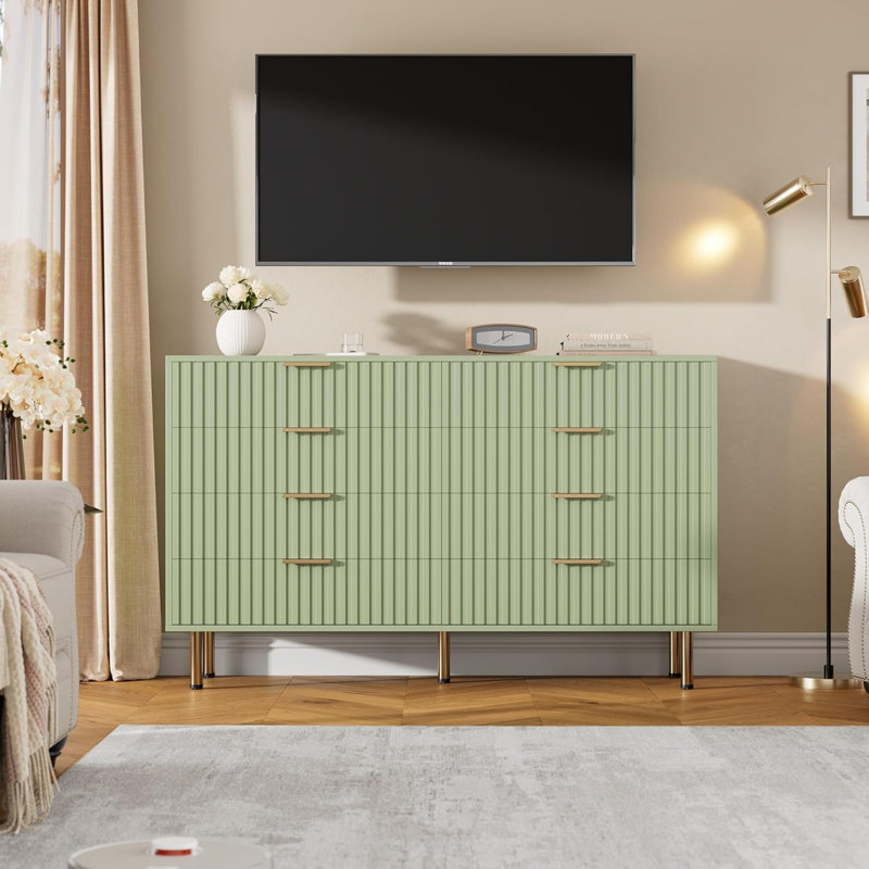 Commode 8 tiroirs cannelée de 55 po de largeur pour chambre à coucher, commode moderne en bois avec rangement profond, Vert