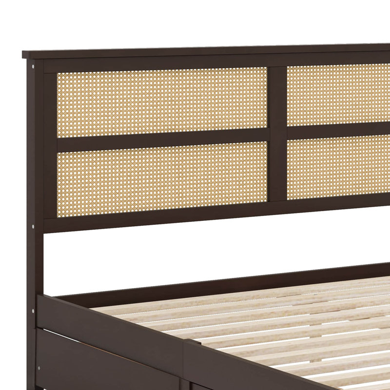 Structure de lit en bois d'hévéa avec deux tiroirs de rangement intégrés, Roi, Espresso
