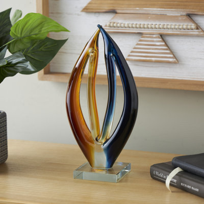Kiyanni Glass Curved Cutout Abstract Decorative Multi Colored Sculpture with Clear Base