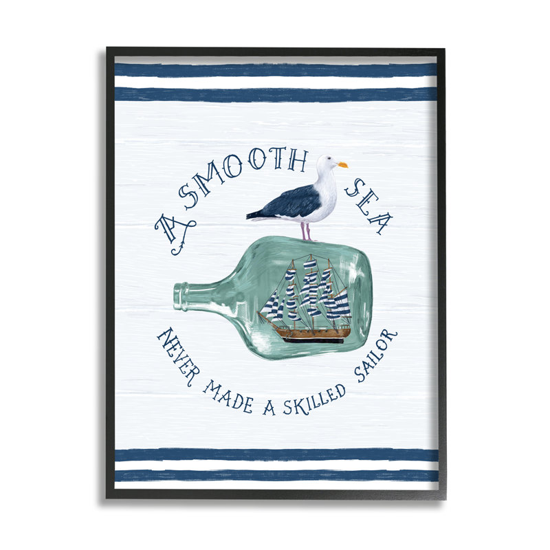 " Nautical Beach Saying Seagull Grainy Stripes " by Raquel Maciel, Midnight Black Framed Giclee, 14" H x 11" W x 1.5" D