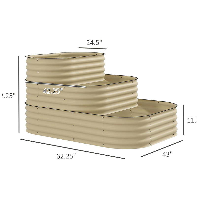 Outsunny 3-Tier Galvanized Steel Raised Garden Bed Kit, 62.25" x 43" x 32.25", 3 Combining Planter Boxes with Rubber Strip Edging, Open Bottom for Backyard, Garden, Patio, Cream White