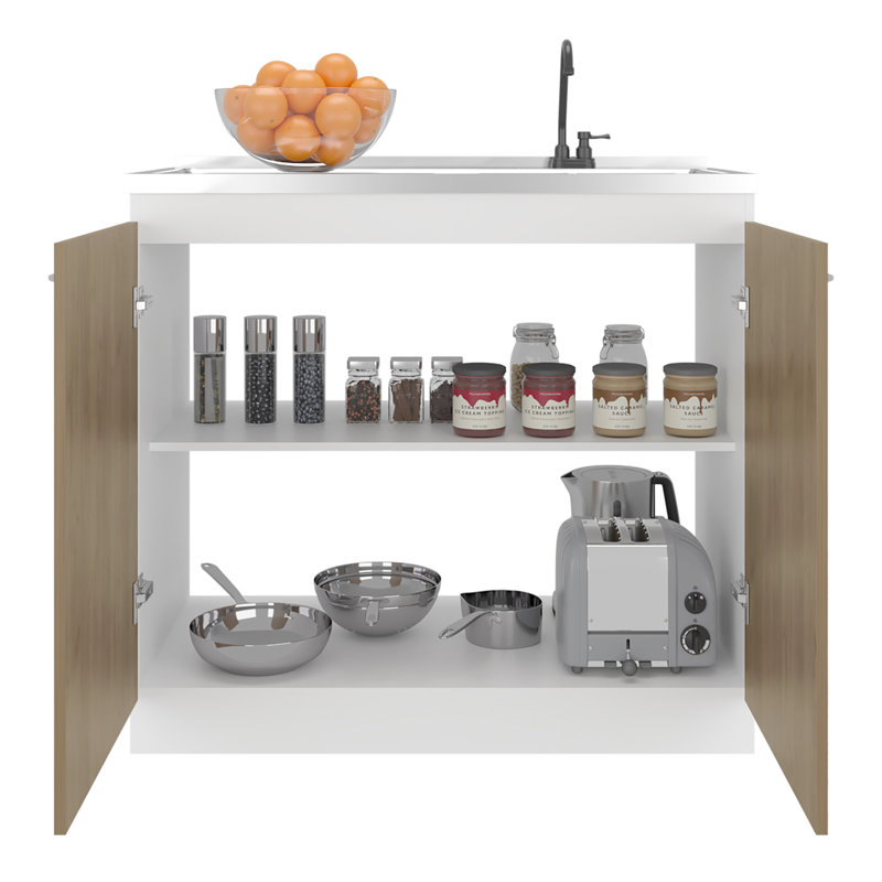 Évier utilitaire moderne avec option de remplacement pour robinet et comptoir intégré, armoire autoportante en naturel + blanc, garage de cuisine idéal, deux tablettes intérieures pour garder les choses organisées, facile à
