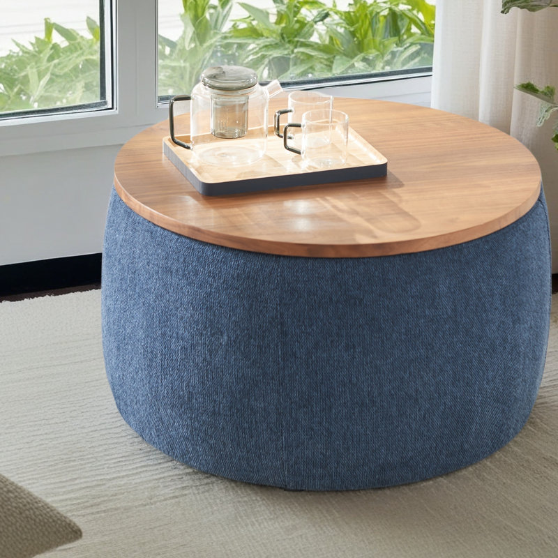 Repose-pieds rond avec rangement, fonction 2 en 1, table de bout avec repose-pieds, Naturel