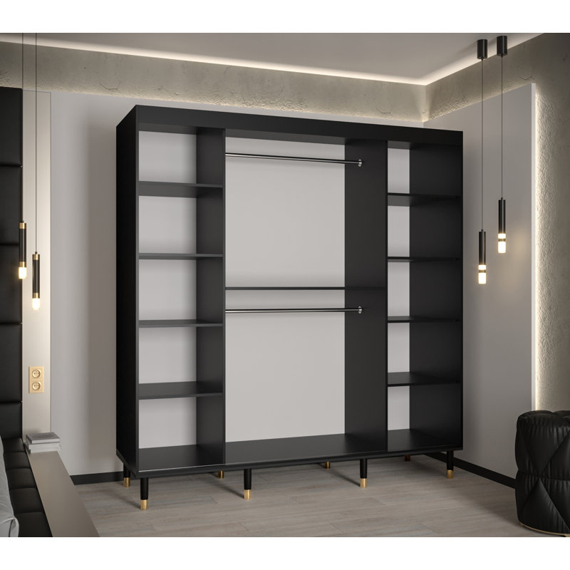 Malda Manufactured Wood Wardrobe, 208cm H x 200cm W x 62cm D, Black Matt