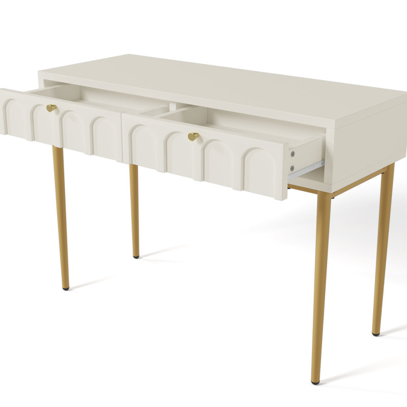 Coiffeuse moderne avec surface blanc crème et structure en métal avec 2 tiroirs pour plus de fonctionnalité