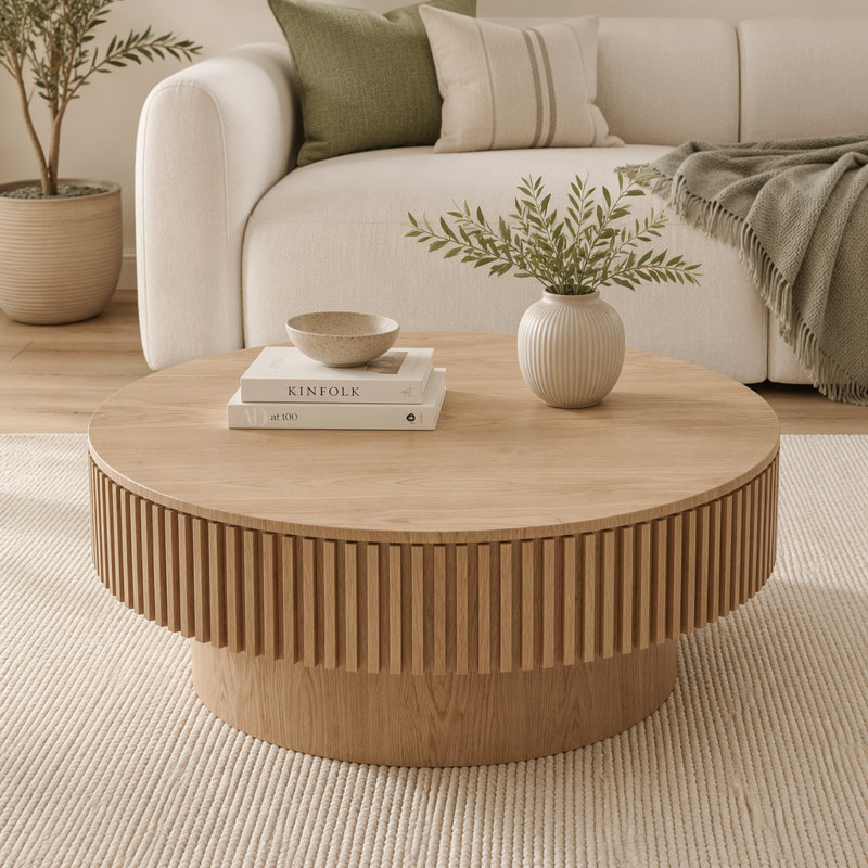 Table basse ronde avec rangement Table basse moderne en placage de bois massif, L 31,5 po, Bois naturel