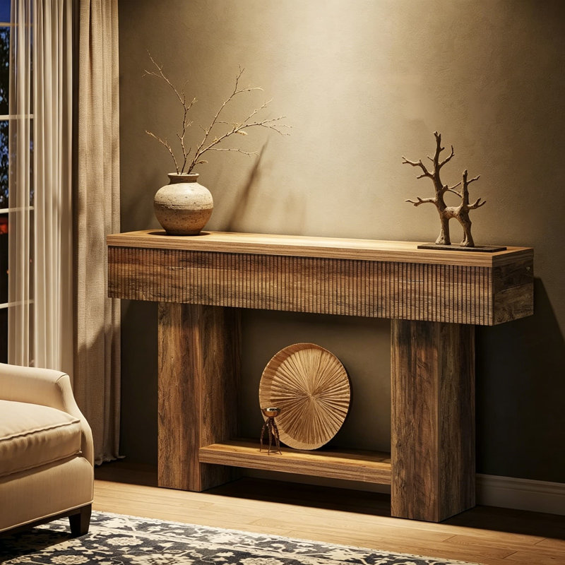 Console rustique de 55 pouces avec tablette de rangement, canapé d'entrée pour le couloir, le salon et le vestibule, conception en bois moderne à deux niveaux