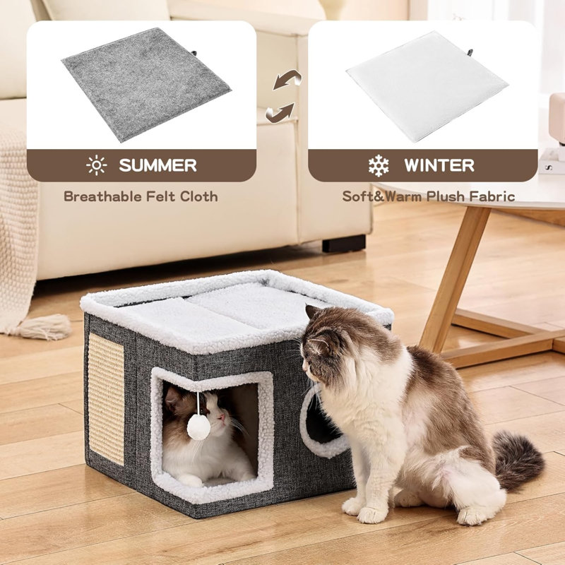 Lits pour chats pour chats d'intérieur, grande grotte pour chat avec boule pelucheuse et bloc-notes, maison de chat pliable pour chat avec cachette pour chaton, 16 x 16 x 13 pouces, gris