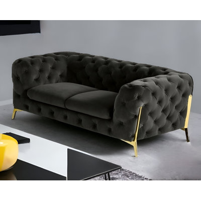 74" Dark Gray And Gold Velour Chesterfield Loveseat