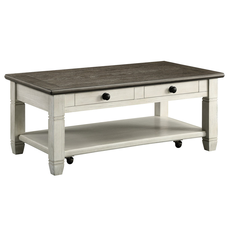 Casual Wooden Cocktail Table With 2 Drawers And In Rosy Brown & Antique White Bearing Glide Bottom Shelf 2-tone