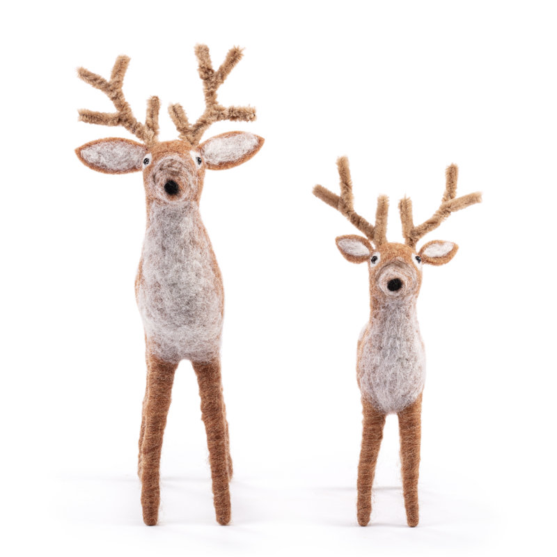 Handcrafted Brown and White Felted Wool Deer Figurine Set