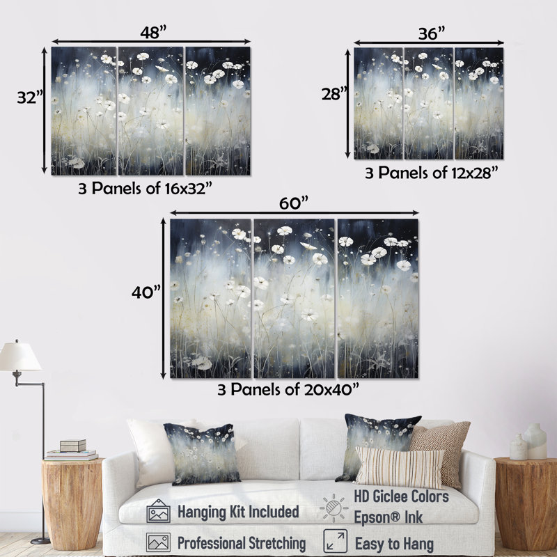 «Misty Opalescent Floral Field II», ensemble d'art mural sur toile fleurie, H 32 po x l 48 po x P 1 po