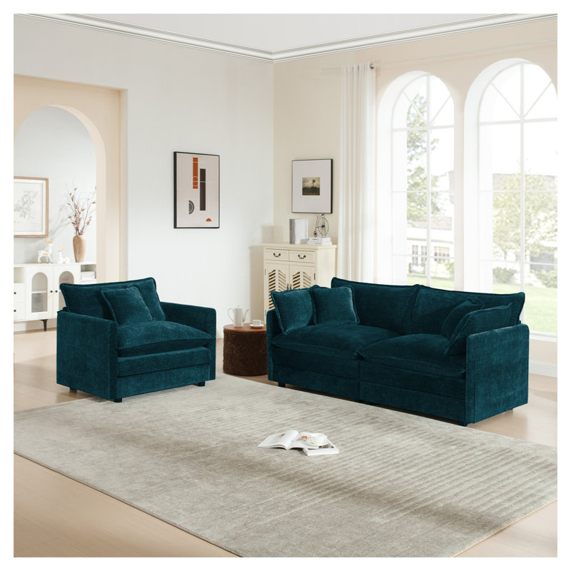 Ensemble de salon en chenille bleu 2 pièces, fauteuil d'appoint 1 place et causeuse 2 places, Chenille bleue